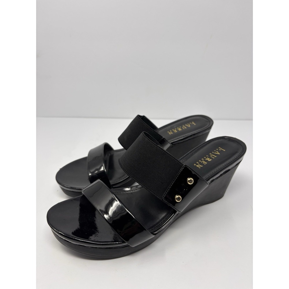 RALPH LAUREN RHIANNA Black Double Strap Platform Wedge Slide Sandals Women's 9 B